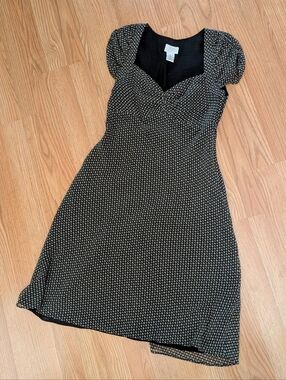 LOFT Black and White Heart-Print Sweetheart Midi Dress